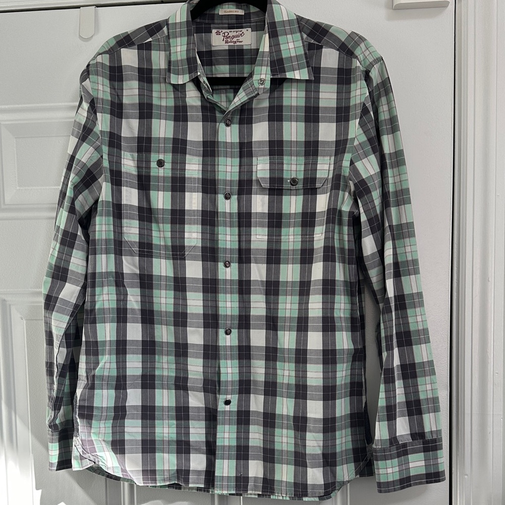 Original Penguin Men’s Mint, Black & White Plaid Button-Down Shirt Size Medium